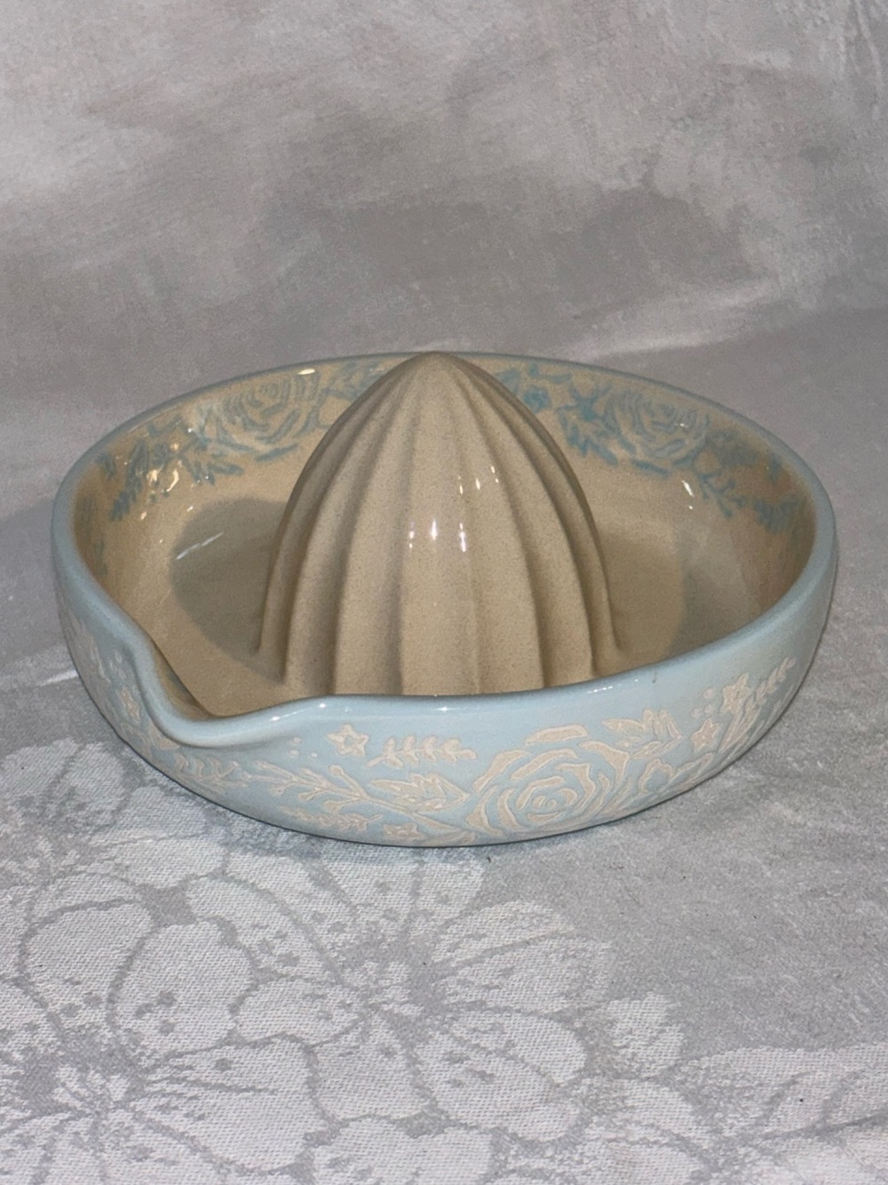Vintage Pastel Blue Ceramic Citrus Juicer Rose Floral Cottagecore Reamer